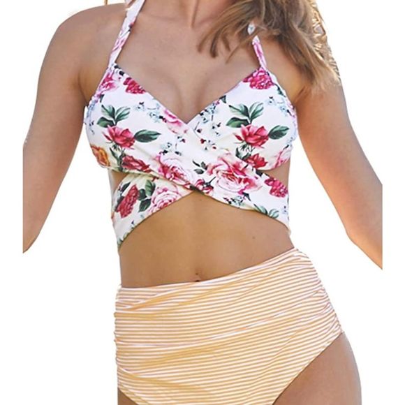 Cupshe Floral & Striped Wrap Top Monokini … - Picture 2 of 6